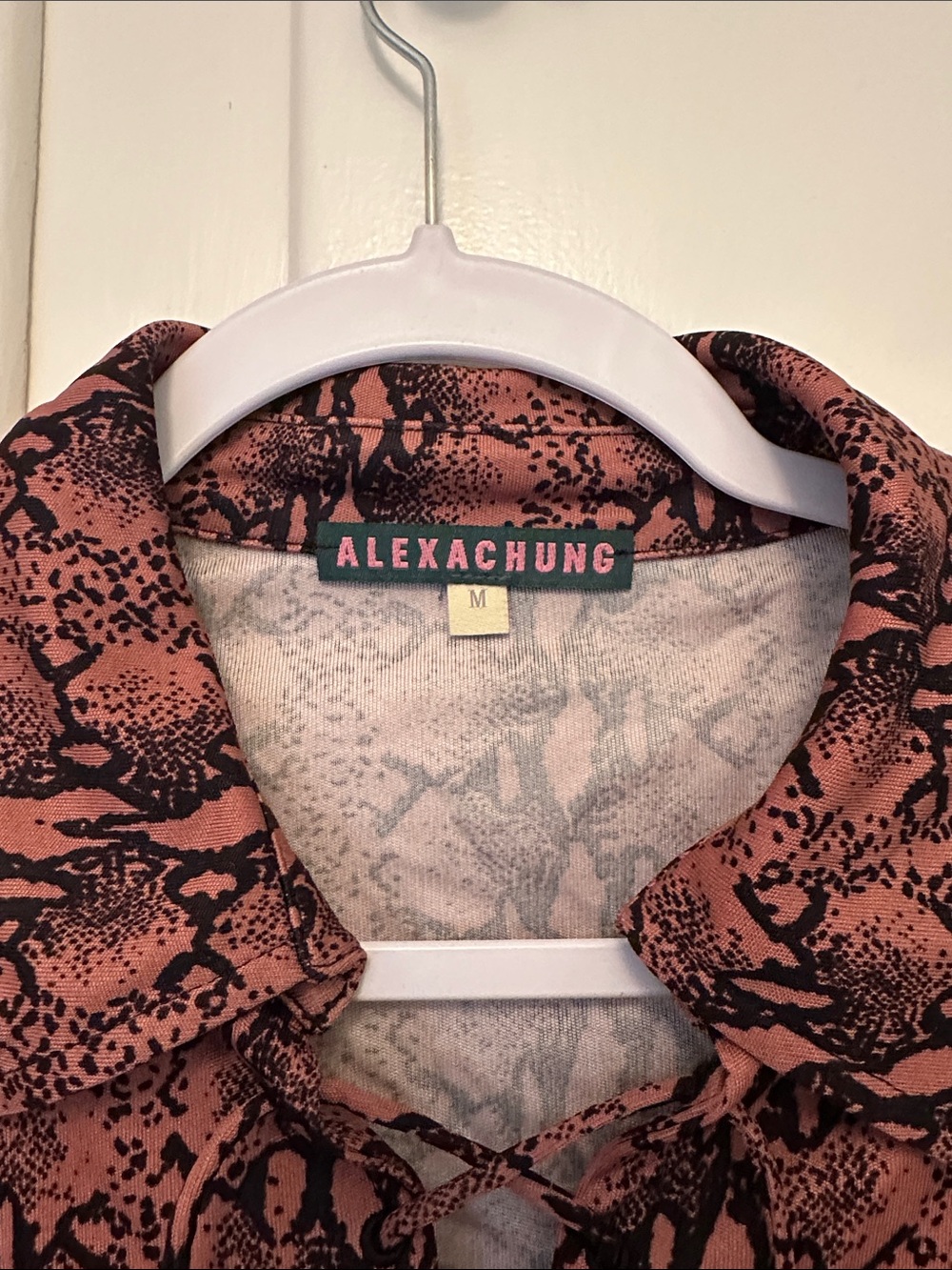 LIKE NEW Alexa Chung Pink Salmon and Black Snakeskin Blouse with Lace Up V-Neck - Picture 3 of 5